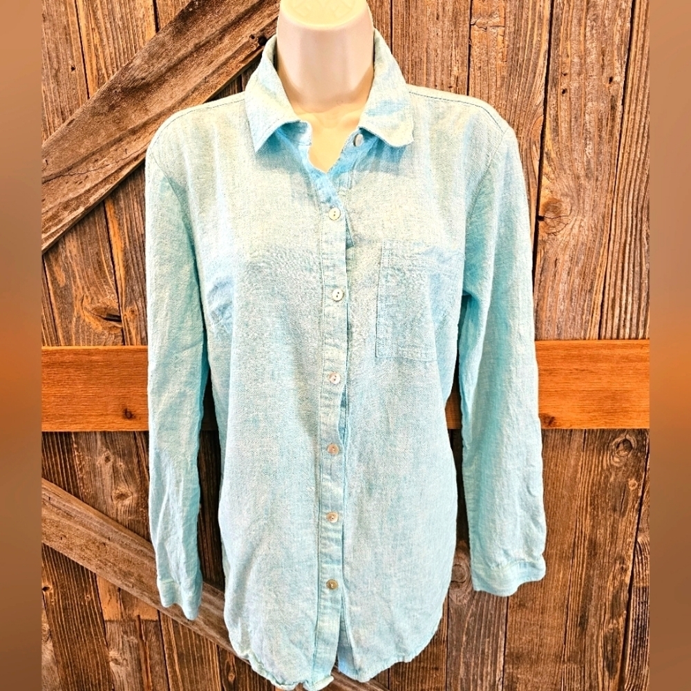 Susan Graver Petite Size S Linen Flax Viscose Button Up Shirt Blue (FITS BIG)